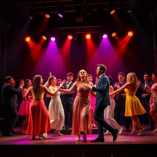 Actors performing a musical theatre number, showcasing harmony and choreography