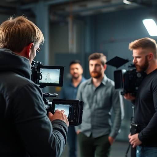 Actors practicing on-camera techniques, with camera crew in the background