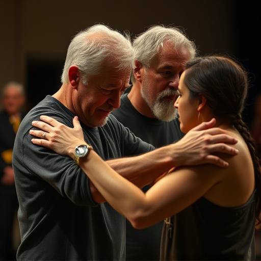 Close-up of Charles Worthington, a physical theatre expert, guiding a student through movement exercises